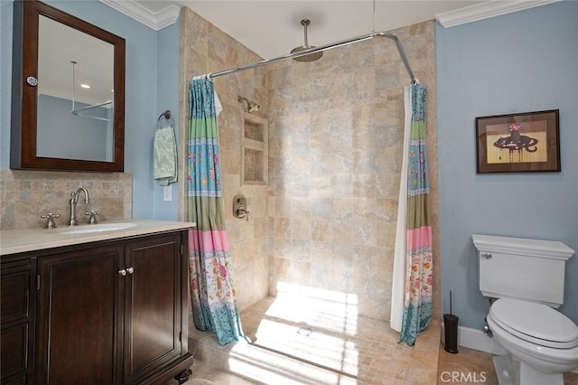 full bath with ornamental molding, a tile shower, vanity, and tasteful backsplash