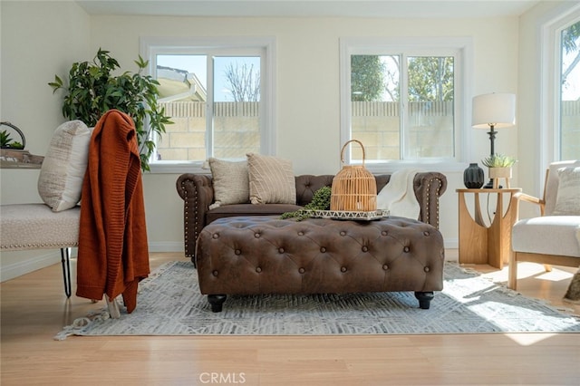 living area with baseboards and wood finished floors