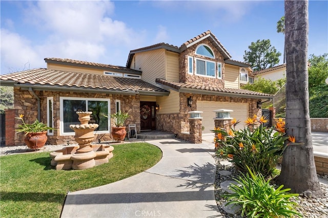 view of front of property with an attached garage, stone siding, concrete driveway, and a tiled roof