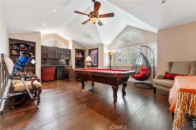 playroom featuring lofted ceiling, ceiling fan, wine cooler, pool table, and dark wood-type flooring