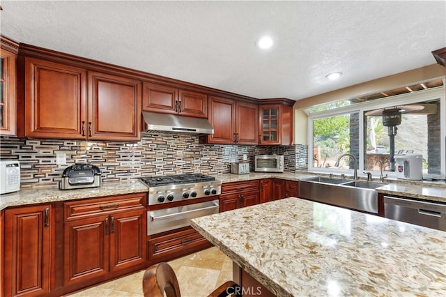 kitchen featuring light stone countertops, under cabinet range hood, a sink, decorative backsplash, and dishwasher