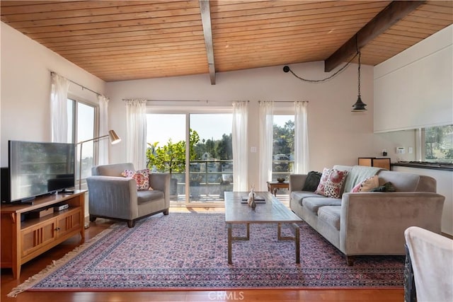 living area featuring a healthy amount of sunlight, lofted ceiling with beams, and wood finished floors