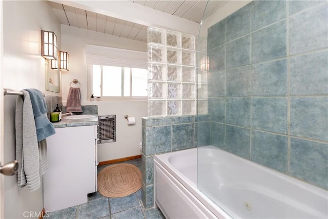 full bath with toilet, vanity, shower / tub combination, wooden ceiling, and baseboards