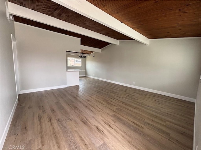 unfurnished room featuring wood ceiling, vaulted ceiling with beams, baseboards, and wood finished floors