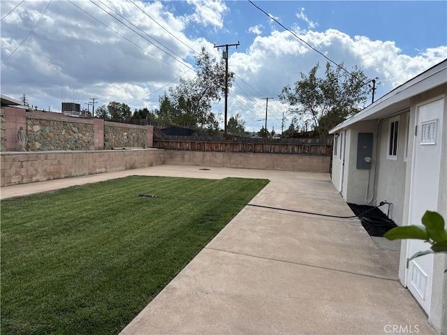 view of yard featuring a patio area and a fenced backyard