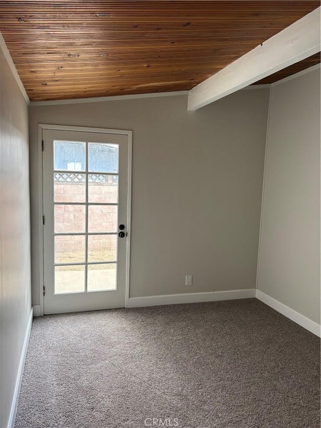 unfurnished room featuring lofted ceiling with beams, wooden ceiling, baseboards, and carpet flooring