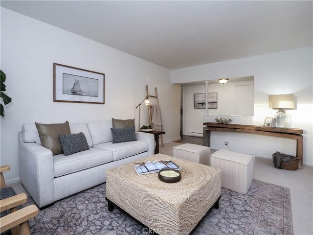 carpeted living area featuring a baseboard radiator and baseboards