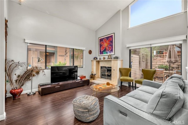 living room featuring baseboards, a premium fireplace, high vaulted ceiling, and wood finished floors