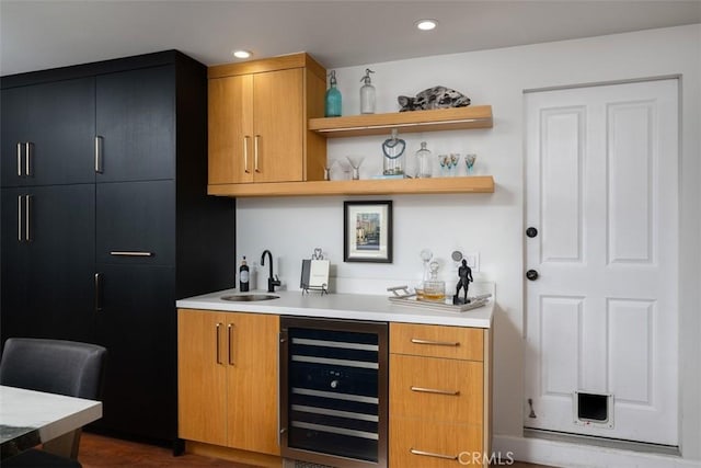 10831 Hideaway Dr, North Tustin, CA 92705 - bar with wet bar, a sink, dark wood-style floors, beverage cooler, and recessed lighting
