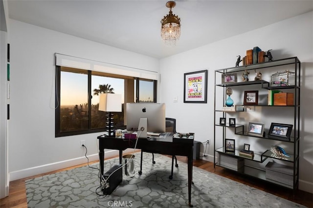 10831 Hideaway Dr, North Tustin, CA 92705 - office featuring baseboards, wood finished floors, and a chandelier
