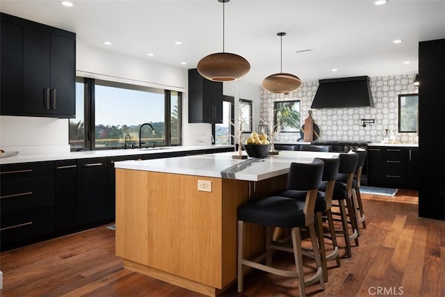 10831 Hideaway Dr, North Tustin, CA 92705 - kitchen with light countertops, dark cabinets, a sink, and range hood
