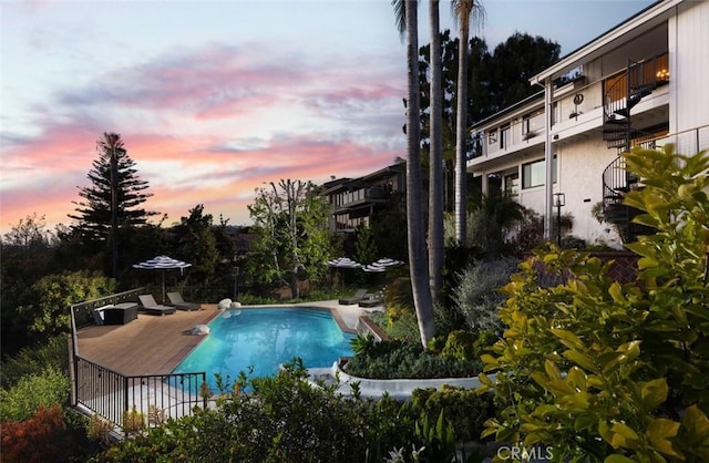 10831 Hideaway Dr, North Tustin, CA 92705 - pool at dusk featuring a fenced in pool and a patio area