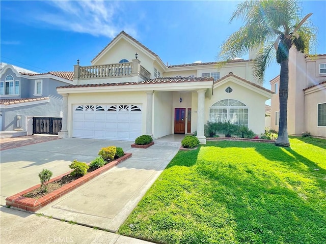 mediterranean / spanish-style home with concrete driveway, a balcony, a front lawn, and stucco siding