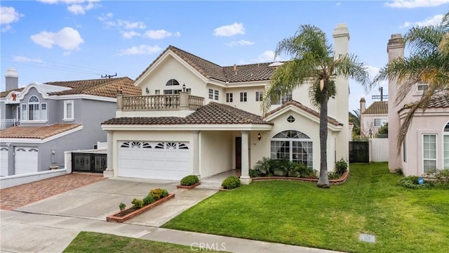 view of front of home with driveway, a garage, a balcony, fence, and a front yard