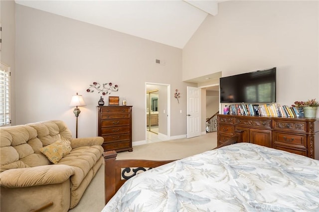 23 Landing, Laguna Niguel, CA 92677 - bedroom with high vaulted ceiling, light colored carpet, ensuite bathroom, and beamed ceiling