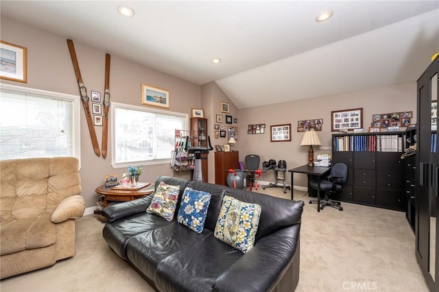 23 Landing, Laguna Niguel, CA 92677 - living room featuring light colored carpet, a desk, recessed lighting, and lofted ceiling
