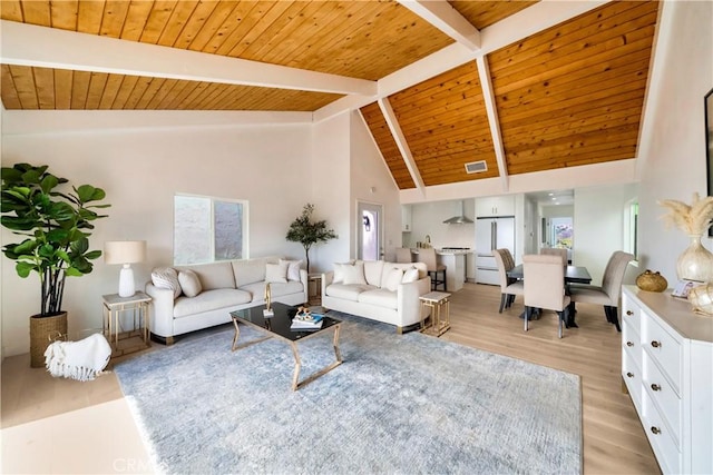 living area featuring visible vents, beamed ceiling, high vaulted ceiling, wooden ceiling, and light wood-style flooring
