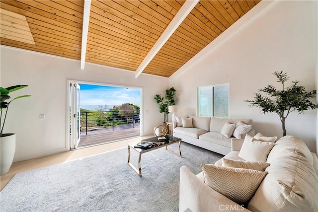 living area with high vaulted ceiling, wooden ceiling, and beamed ceiling