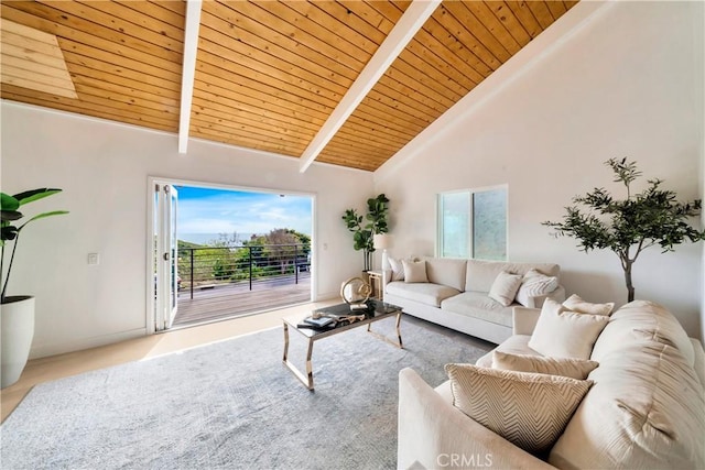living room featuring high vaulted ceiling, wooden ceiling, and beam ceiling