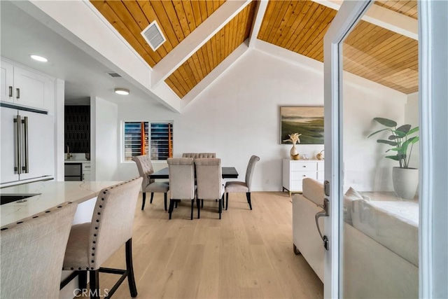 dining space featuring light wood-type flooring, wood ceiling, visible vents, and beam ceiling