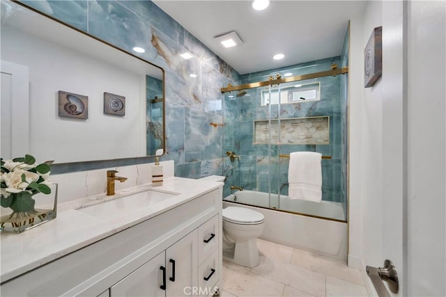 full bath featuring vanity, recessed lighting, enclosed tub / shower combo, and toilet
