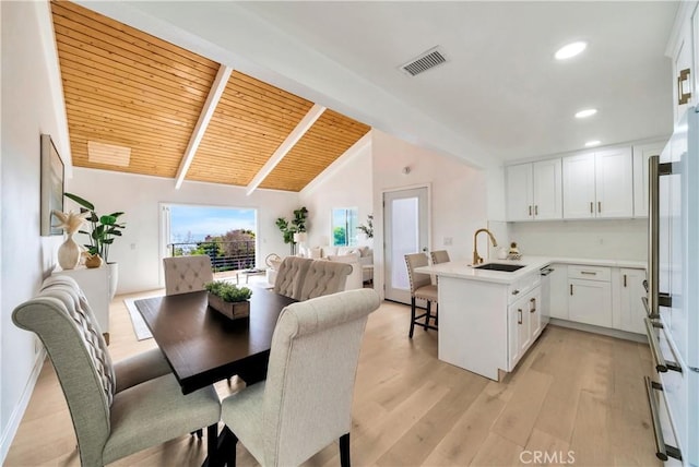 dining space with visible vents, wooden ceiling, vaulted ceiling with beams, light wood-style floors, and recessed lighting