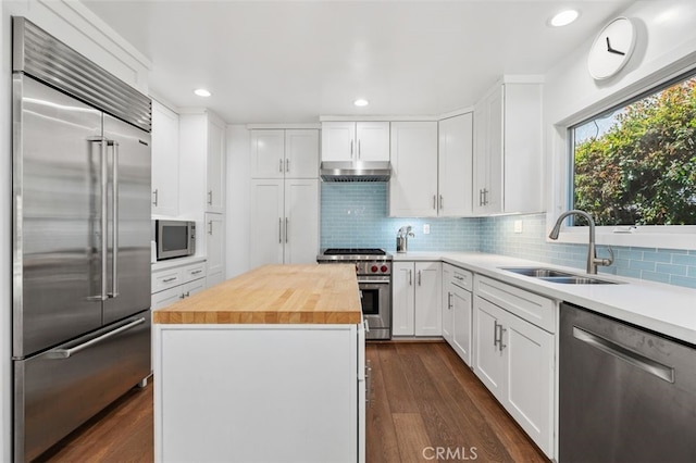 kitchen featuring a center island, high end appliances, wooden counters, a sink, and under cabinet range hood