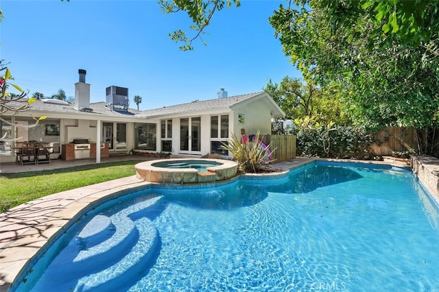 view of swimming pool featuring a patio, a fenced backyard, central AC, a pool with connected hot tub, and french doors