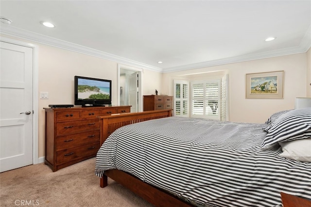 bedroom with light carpet, ornamental molding, and recessed lighting