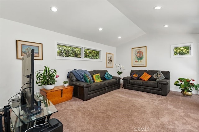 living area featuring recessed lighting, carpet flooring, and vaulted ceiling