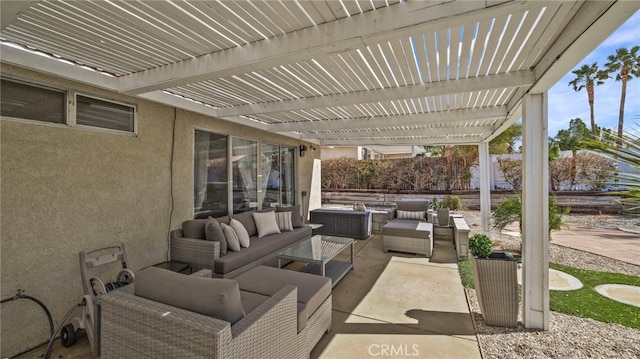 view of patio / terrace featuring an outdoor hangout area, a pergola, and fence