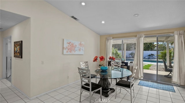 dining area featuring light tile patterned flooring, visible vents, recessed lighting, and lofted ceiling