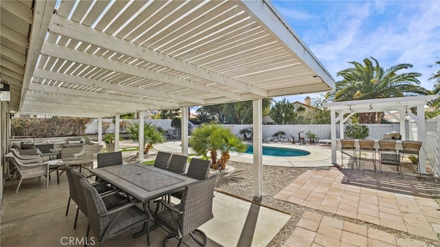 view of patio with a pergola, a fenced backyard, outdoor dining area, an outdoor hangout area, and a fenced in pool