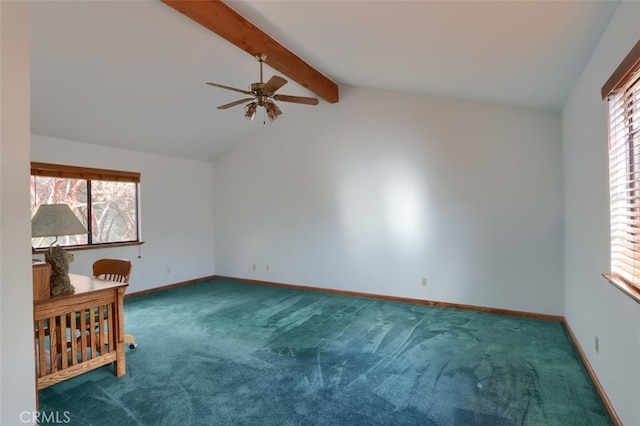 empty room featuring vaulted ceiling with beams, carpet floors, a ceiling fan, and baseboards