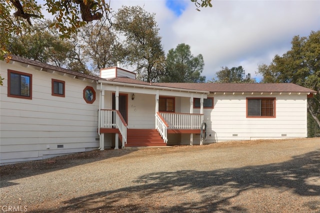 ranch-style home with crawl space, a chimney, and a porch