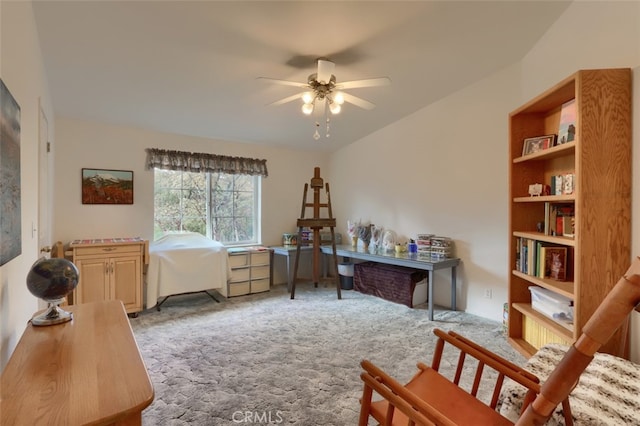 home office featuring carpet and ceiling fan