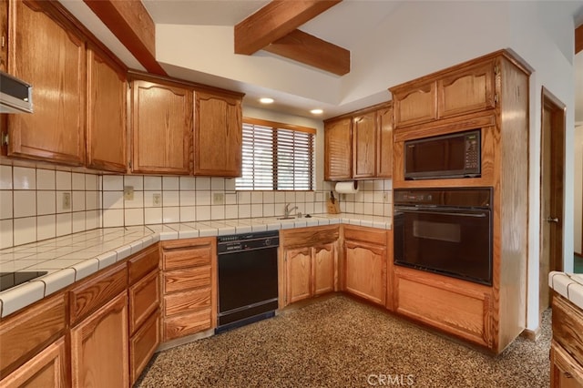 kitchen featuring lofted ceiling with beams, black appliances, brown cabinetry, and backsplash