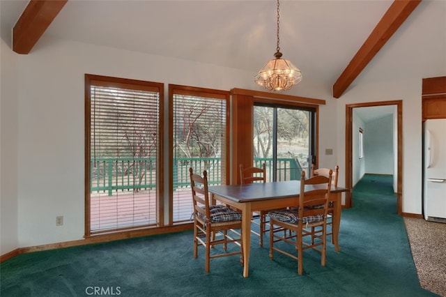 carpeted dining room with a chandelier, beamed ceiling, and baseboards