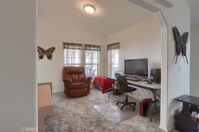 office with arched walkways, vaulted ceiling, and carpet flooring