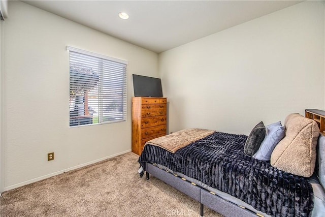 carpeted bedroom with recessed lighting and baseboards