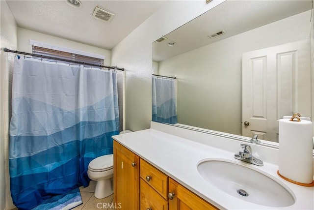 full bath with tile patterned flooring, visible vents, toilet, and vanity