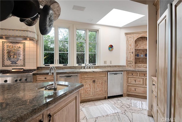 kitchen featuring backsplash, a skylight, stainless steel appliances, and a sink