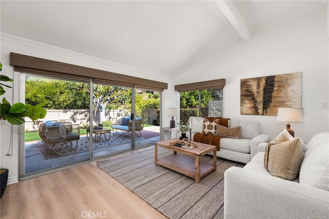 living room featuring beamed ceiling, high vaulted ceiling, and wood finished floors