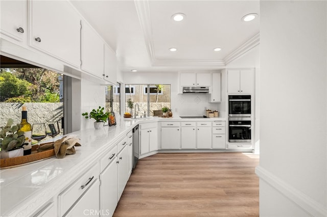 kitchen with under cabinet range hood, stainless steel appliances, a healthy amount of sunlight, and ornamental molding