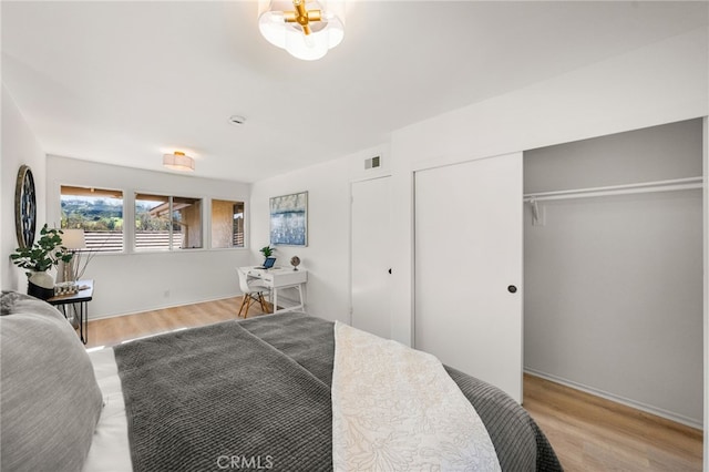 bedroom with light wood finished floors, baseboards, and a closet