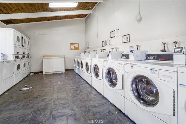 common laundry area with wood ceiling, washer and dryer, and stacked washer and clothes dryer