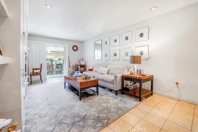 tiled living room featuring recessed lighting, crown molding, and baseboards