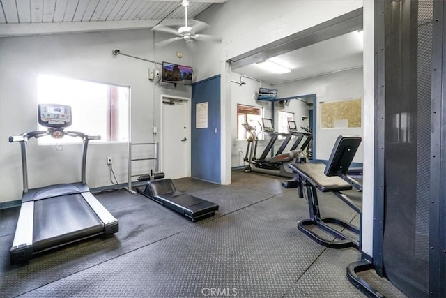 workout area with vaulted ceiling and ceiling fan