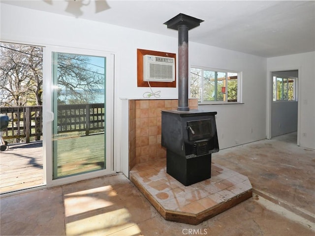 room details with a wood stove and a wall mounted air conditioner