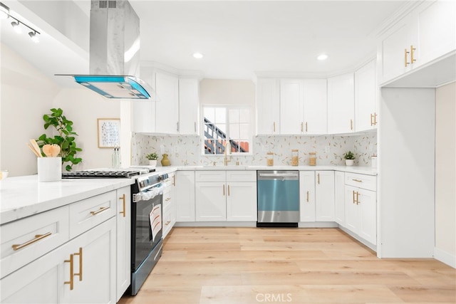 kitchen featuring island exhaust hood, backsplash, appliances with stainless steel finishes, a sink, and light wood-type flooring